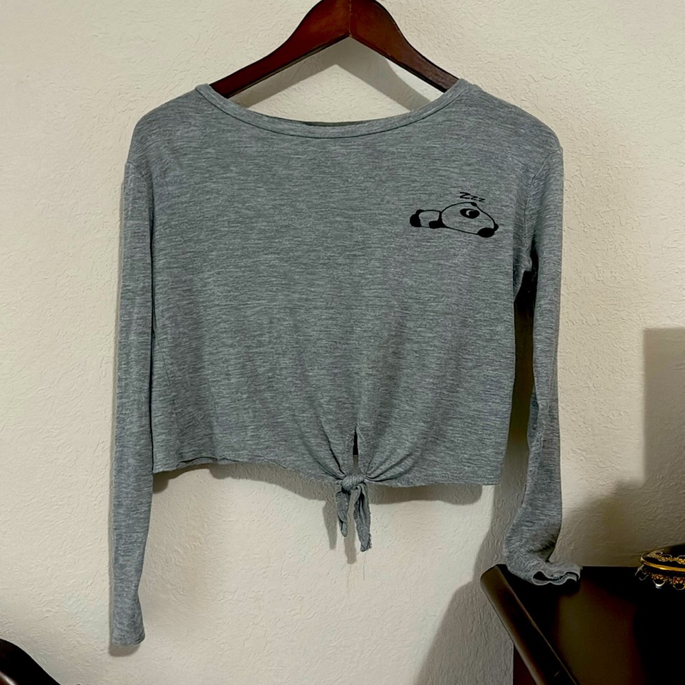 Allysse Girls Grey Tie Long Sleeve Tee Cropped Panda Design Graphic